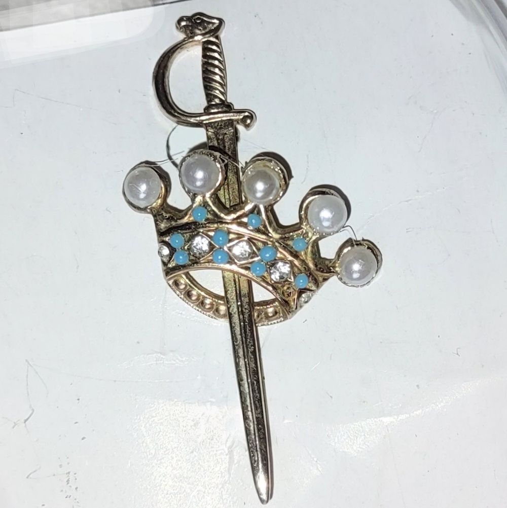 Sword w/ Crown of Pearls Restored Vintage Brooch